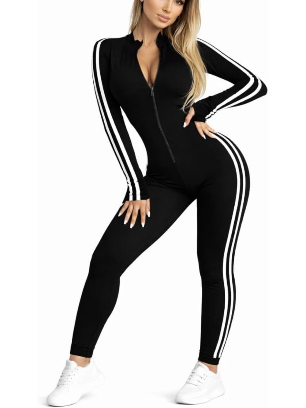 Sexy Slim Fit Long Sleeve Striped Half Zip Jumpsuit Romper for Workout & Fitness